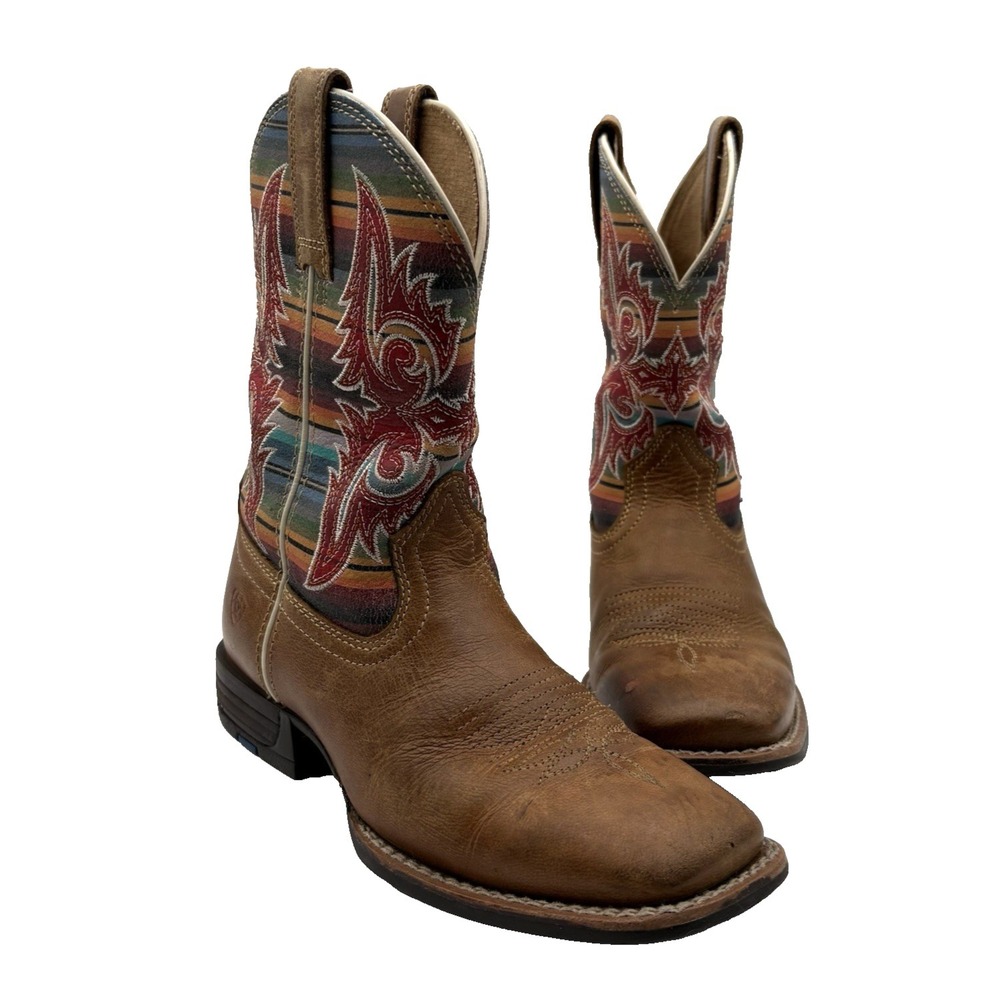 ARIAT Lonestar Western Boot Girls Size 2.5 Brown Leather Serape Square Toe